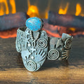 Navajo Alex Sanchez Webbed Turquoise Sterling Petroglyph Hand Stamped Statement Cuff