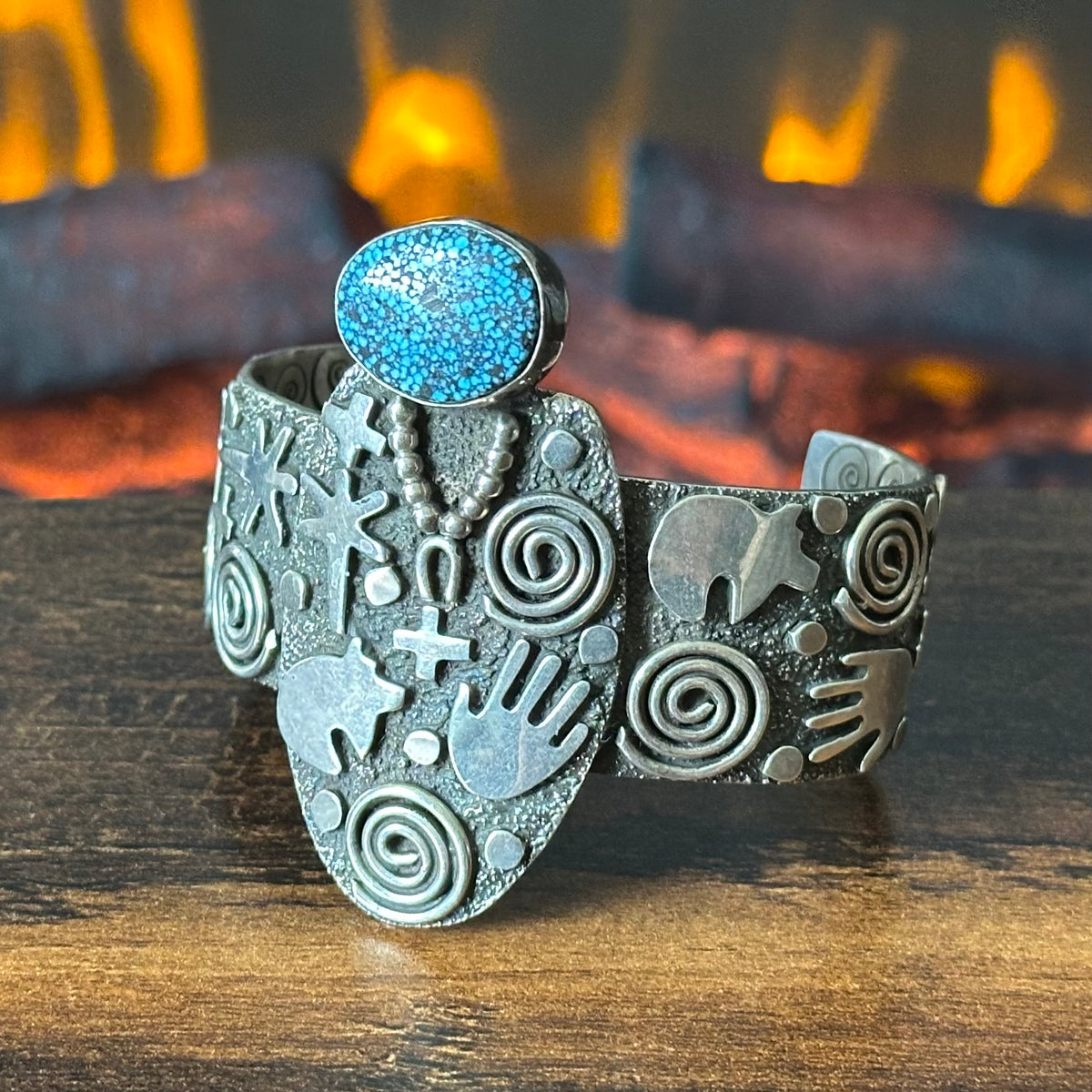 Navajo Alex Sanchez Webbed Turquoise Sterling Petroglyph Hand Stamped Statement Cuff