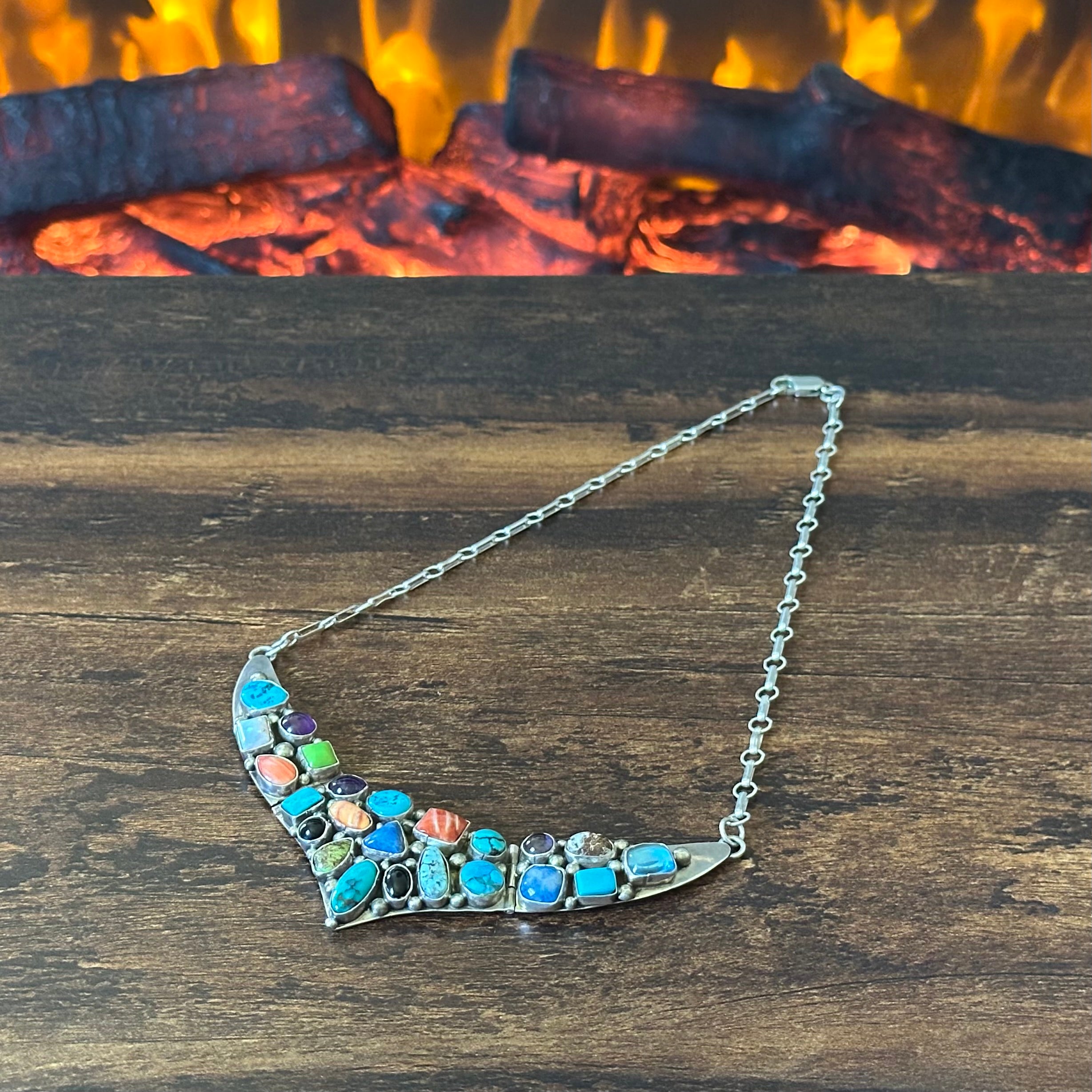 Navajo Emer Thompson Turquoise Spiny Oyster Onyx Lapis Gaspeite Opal Amethyst 23 Stone Sterling Cluster Statement Necklace