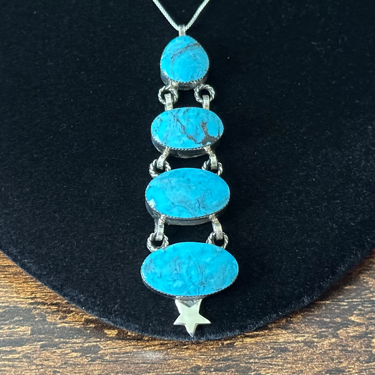 Navajo David Lopez Turquoise 4 Stone Sterling Star Pendant Necklace