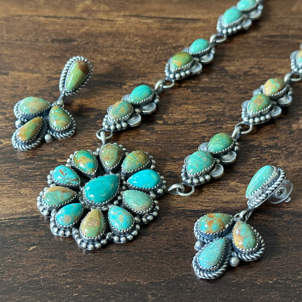 Navajo Pansy Johnson Royston Turquoise 23 Stone Sterling Hand Stamped Cluster Statement Necklace Earrings Set