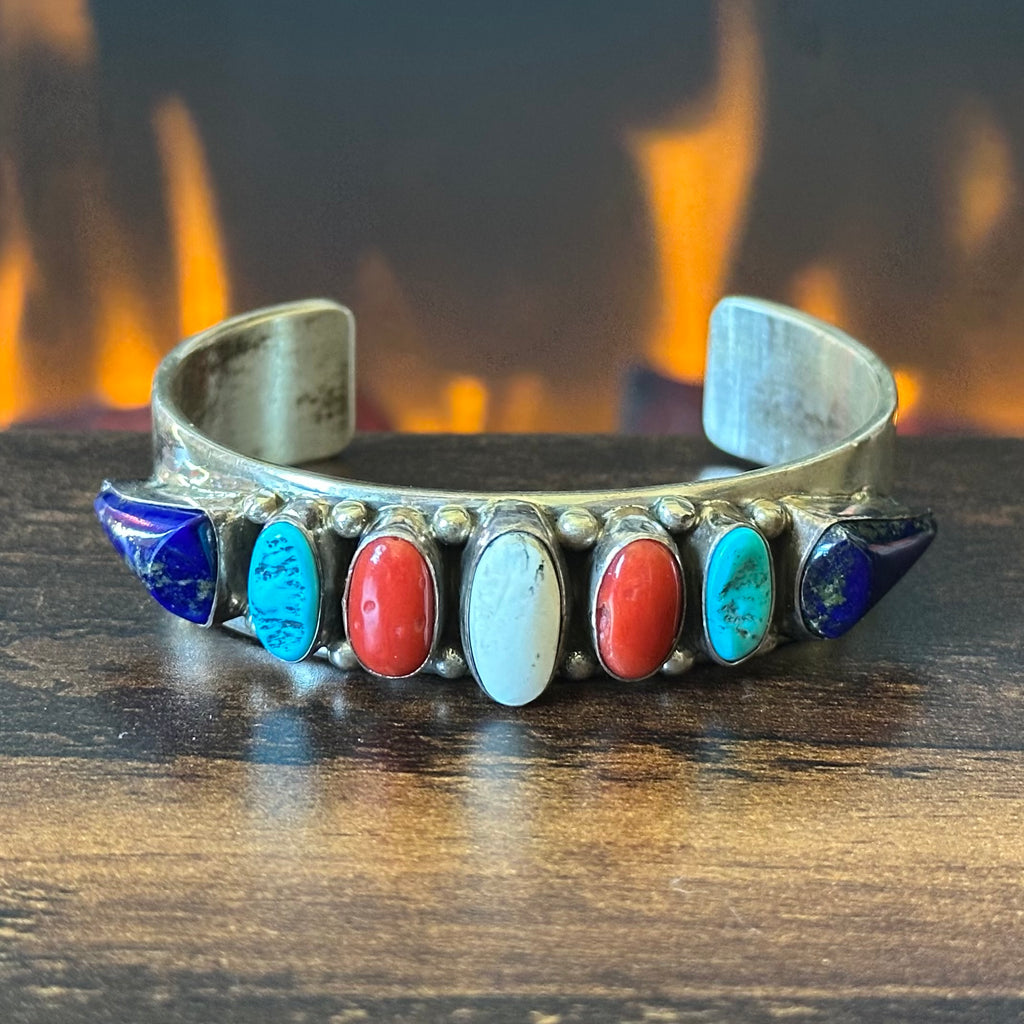 Navajo Lester Jackson Lapis Turquoise Red Coral White Buffalo 7 Stone Sterling Raindrop Cuff