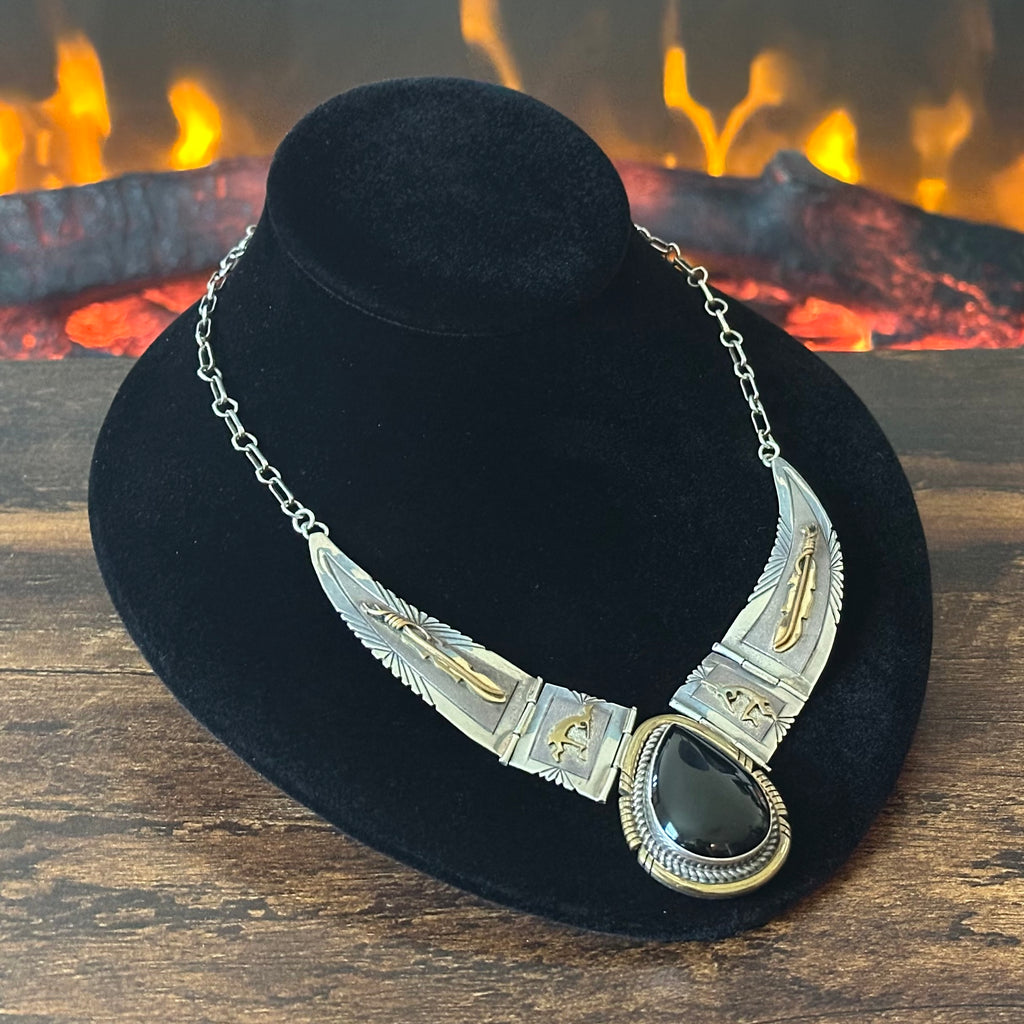Navajo Lee Bennett Vintage Onyx Sterling 12k Gold Filled Kokopelli Feather Design Statement Necklace