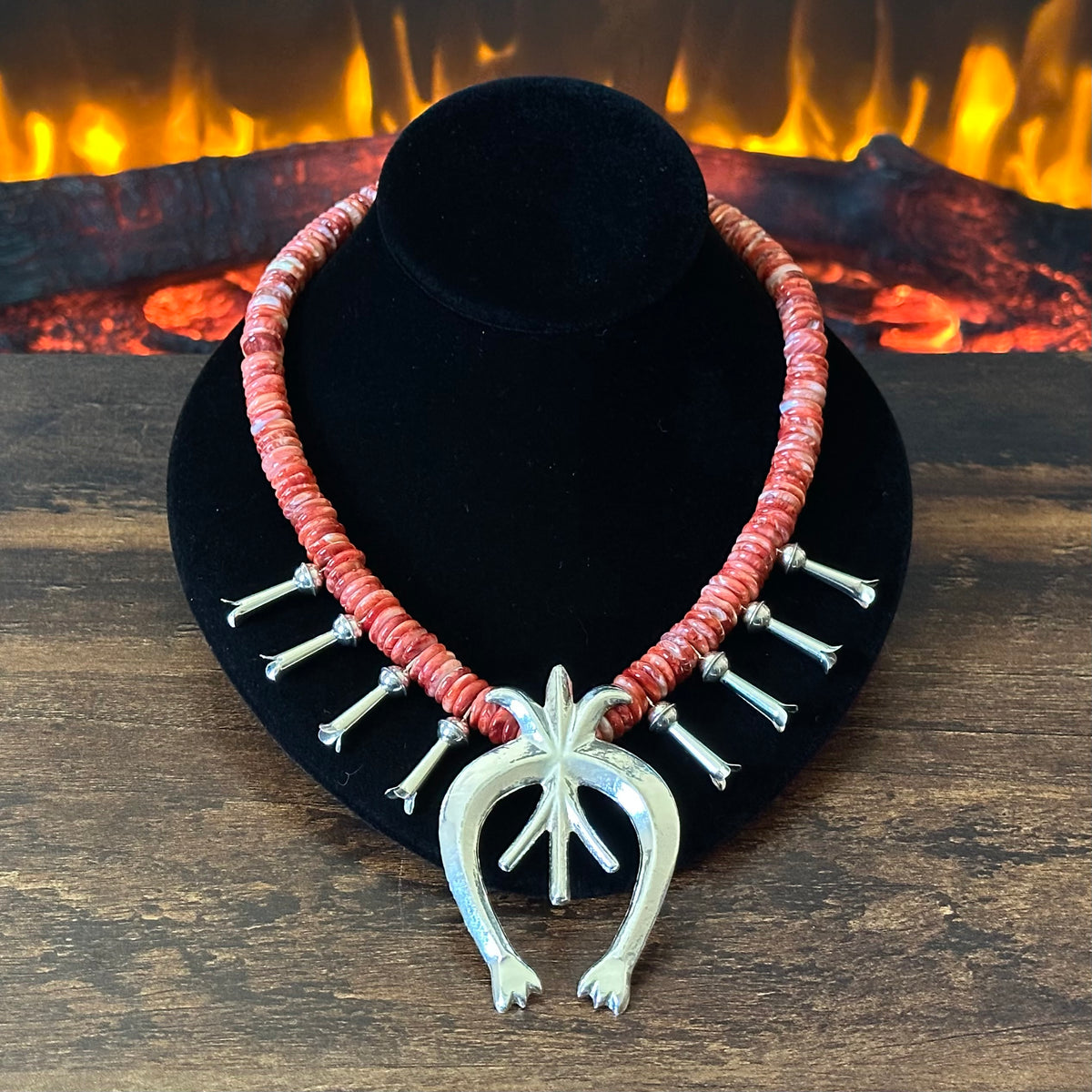 Navajo Francis L Begay Red Spiny Oyster Sterling Heishi Squash Blossom