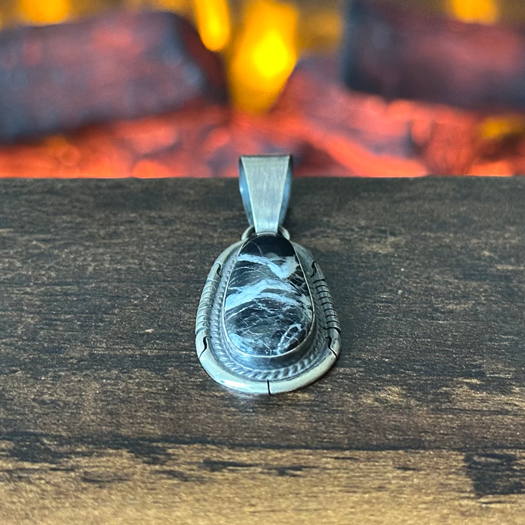 Navajo Donovan Skeets White Buffalo Sterling Twist Wire Bezel Oval Pendant