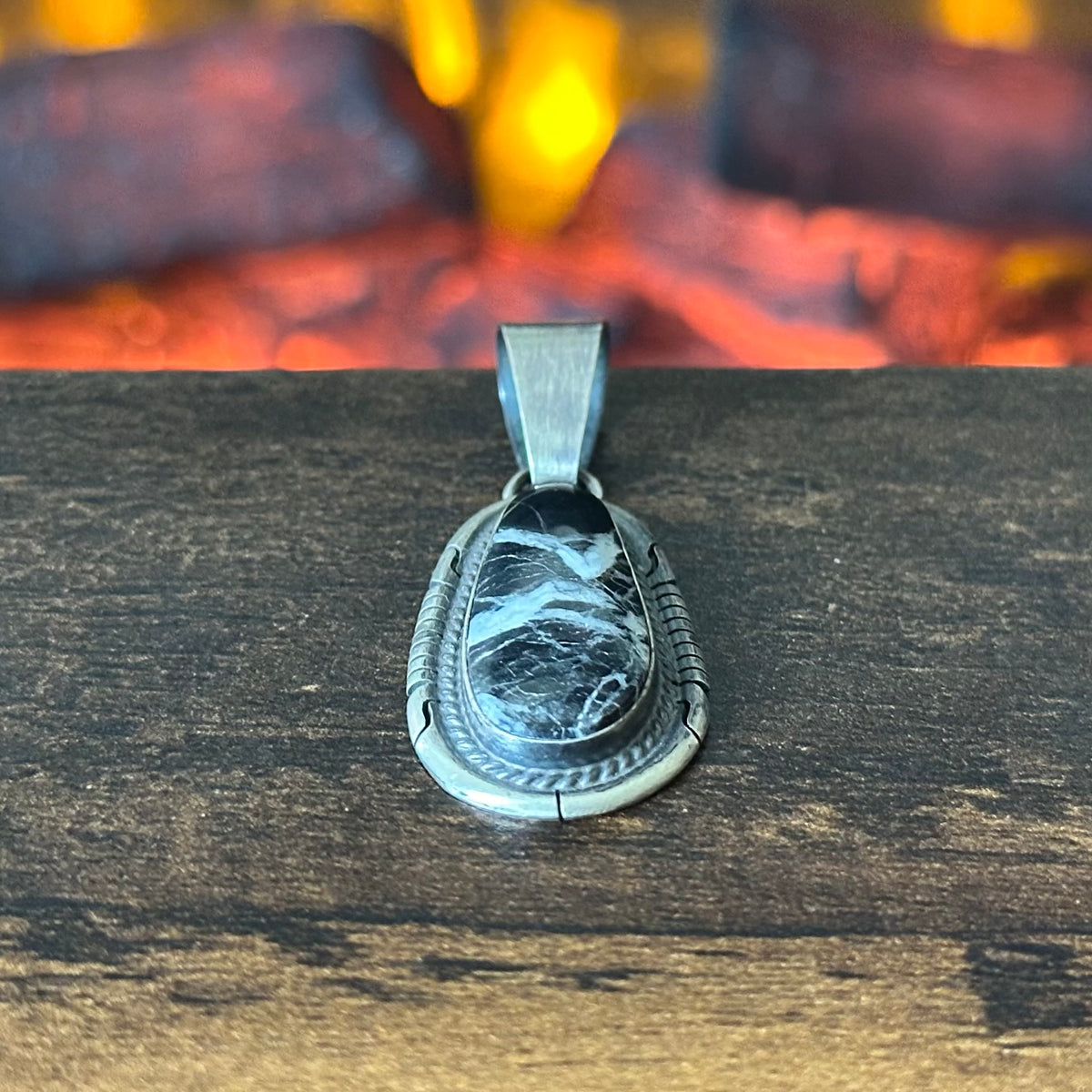 Navajo Donovan Skeets White Buffalo Sterling Twist Wire Bezel Oval Pendant