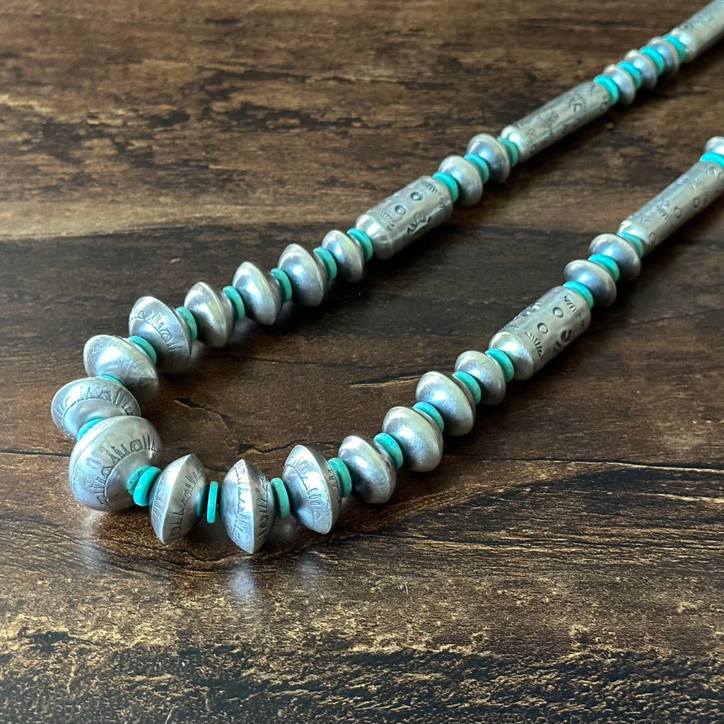 Navajo Tysha Aparicio Turquoise Sterling Handmade Cylinder Bead Stamped Necklace Earrings Set