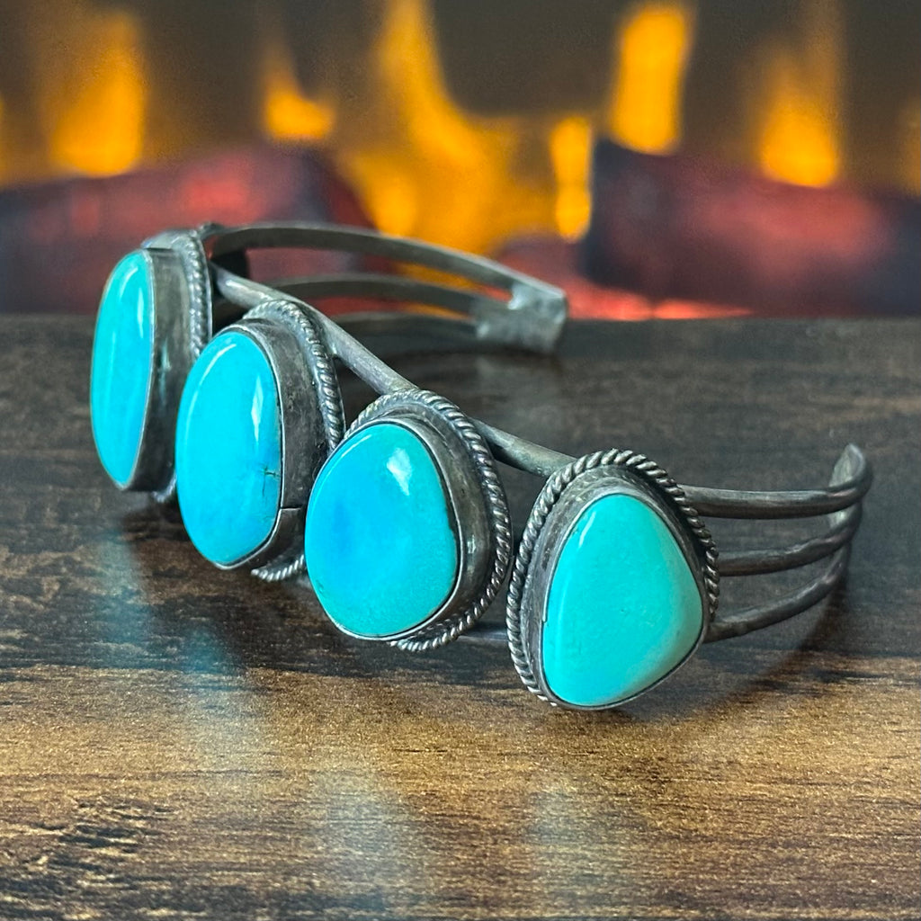 Vintage Turquoise 5 Stone Sterling Twist Wire Bezel Cuff