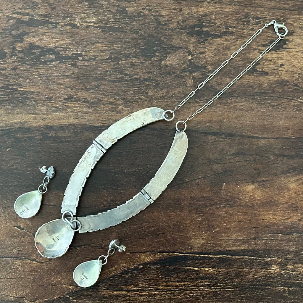P.A. Signed Turquoise Amethyst Red Coral Garnet Mother of Pearl Malachite Lapis 31 Stone Sterling Hand Stamped Teardrop Necklace Earrings Set