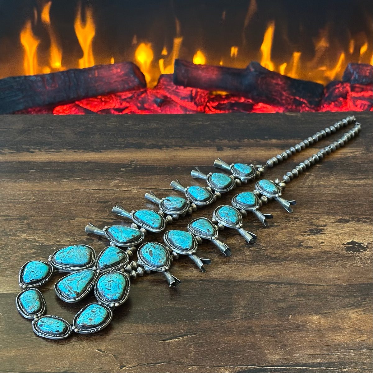 1960-70s Turquoise 20 Stone Chunky Sterling Handmade Bead Squash Blossom