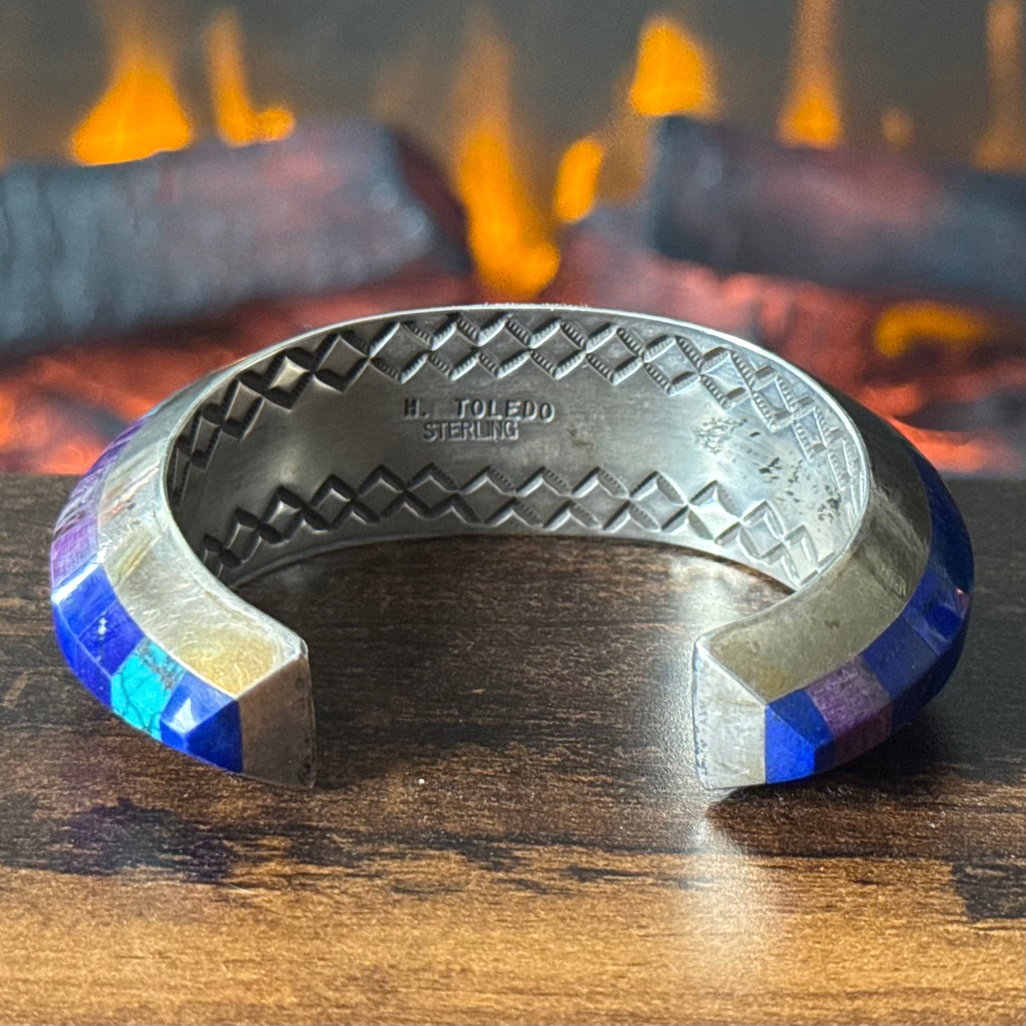 Navajo Herbert Toledo Turquoise Lapis Sugilite Sterling Hand Stamped Inlay Statement Cuff