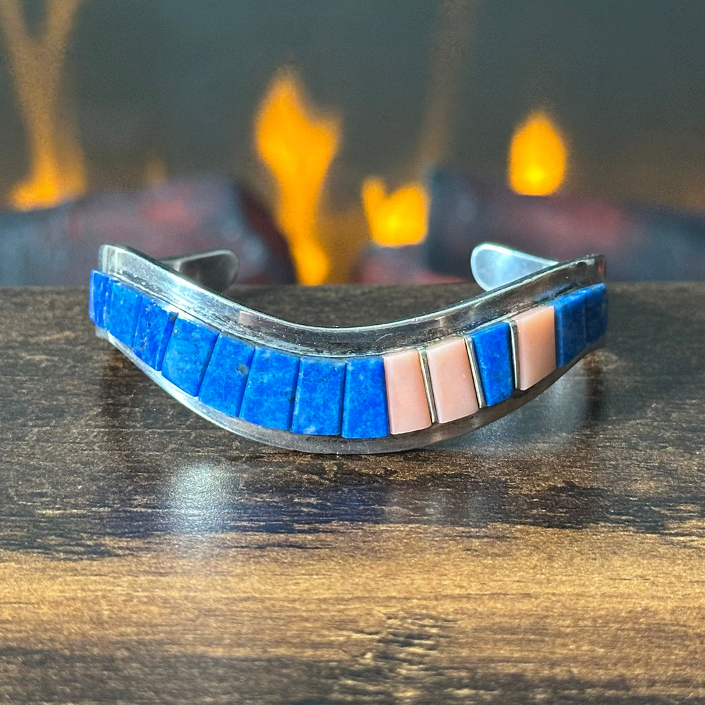Navajo Raymond Delgarito Lapis Pink Conch Sterling Inlay Cuff
