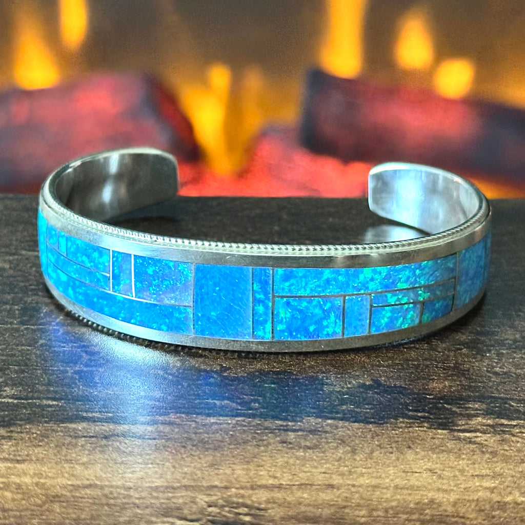 Zuni Rickell & Glendora Booqua Blue Opal Sterling Geometric Inlay Cuff