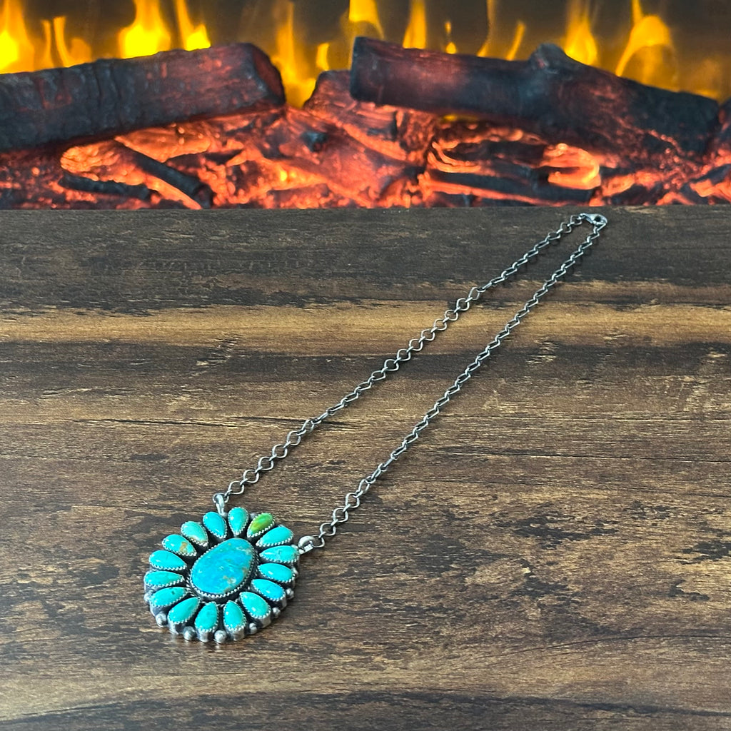 Navajo Effie Garfield Kingman Turquoise 17 Stone Sterling Cluster Raindrop Pendant Necklace