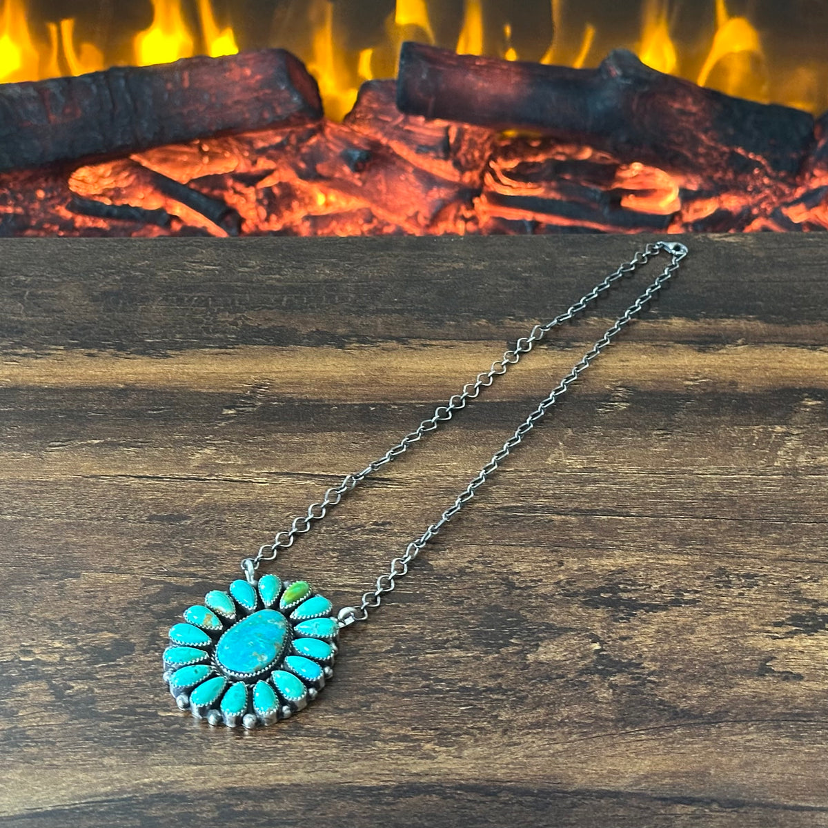 Navajo Effie Garfield Kingman Turquoise 17 Stone Sterling Cluster Raindrop Pendant Necklace