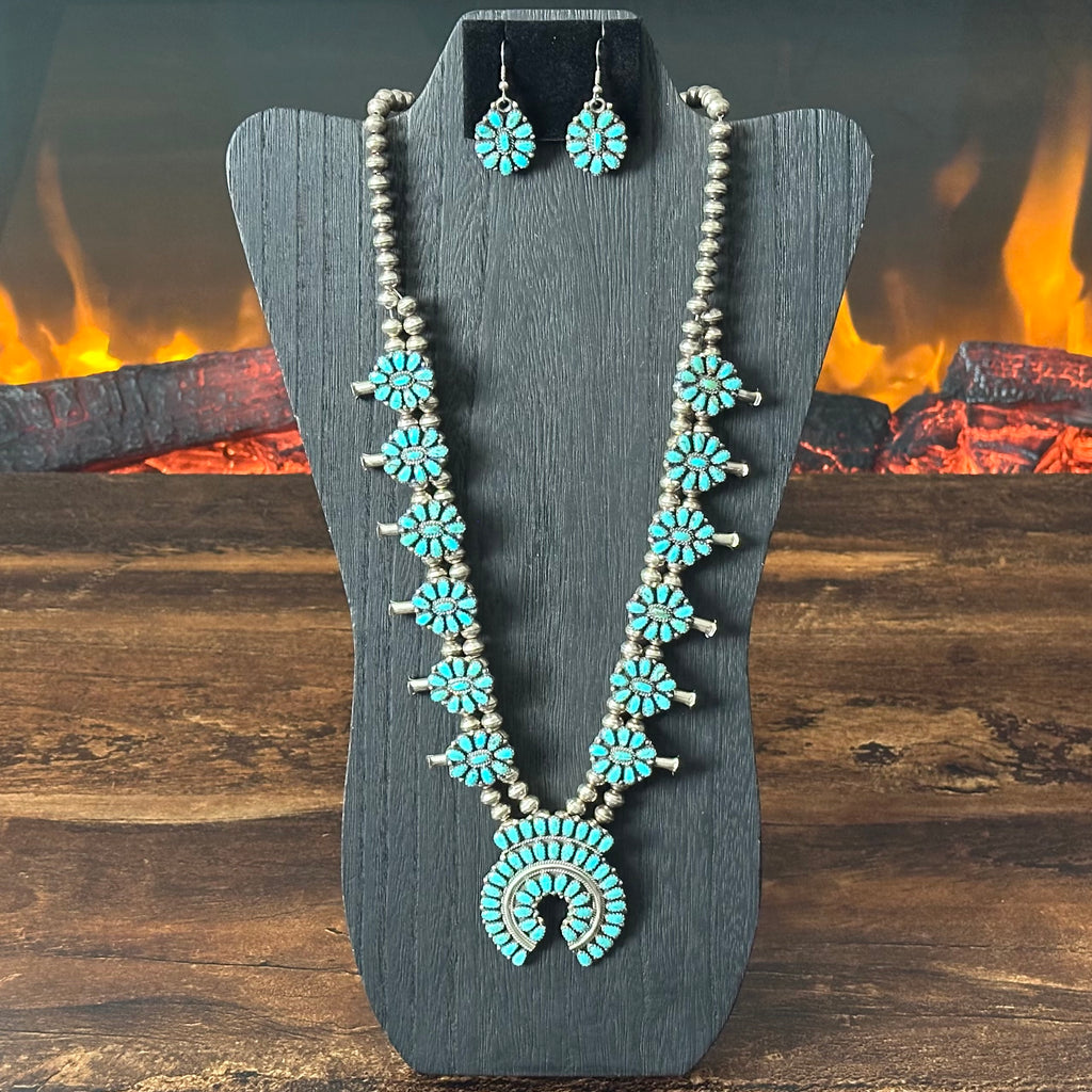 Navajo Larry Moses Begay Vintage Turquoise 166 Stone Sterling Cluster Squash Blossom Necklace Earrings Set