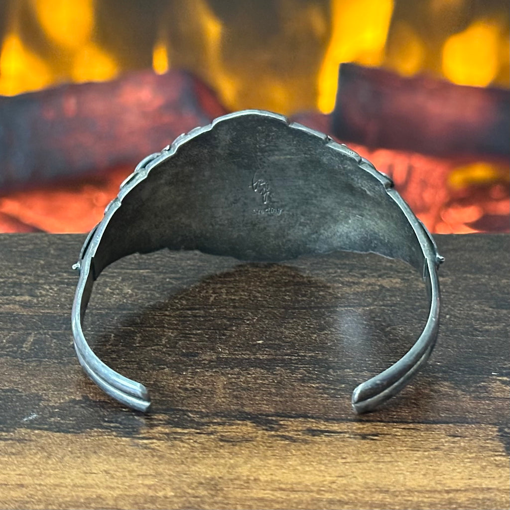 Navajo Ray Yazzie Turquoise 3 Stone Sterling Twist Wire Ornate Leaf Cuff