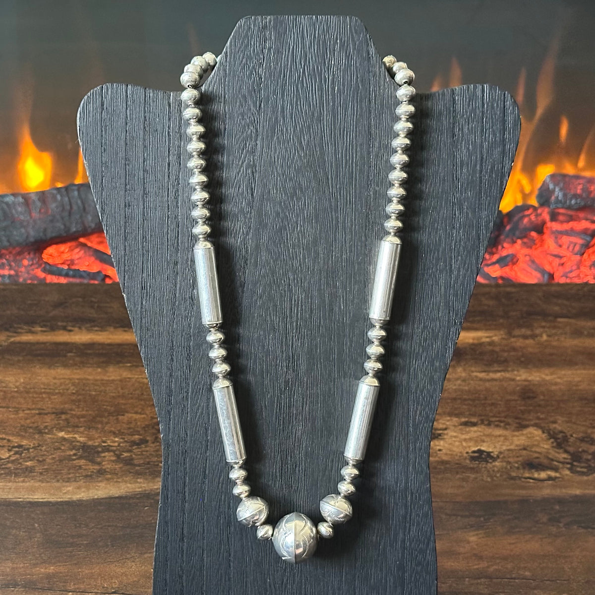 Sterling Handmade Graduated Hand Stamped Cylinder Bead Necklace