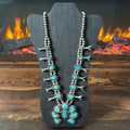 1960-70s Turquoise 18 Stone Sterling Handmade Bead Twist Wire Squash Blossom
