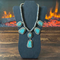 Navajo Tom Willeto Webbed Turquoise 6 Stone Sterling Handmade Stamped Cylinder Bead Statement Necklace