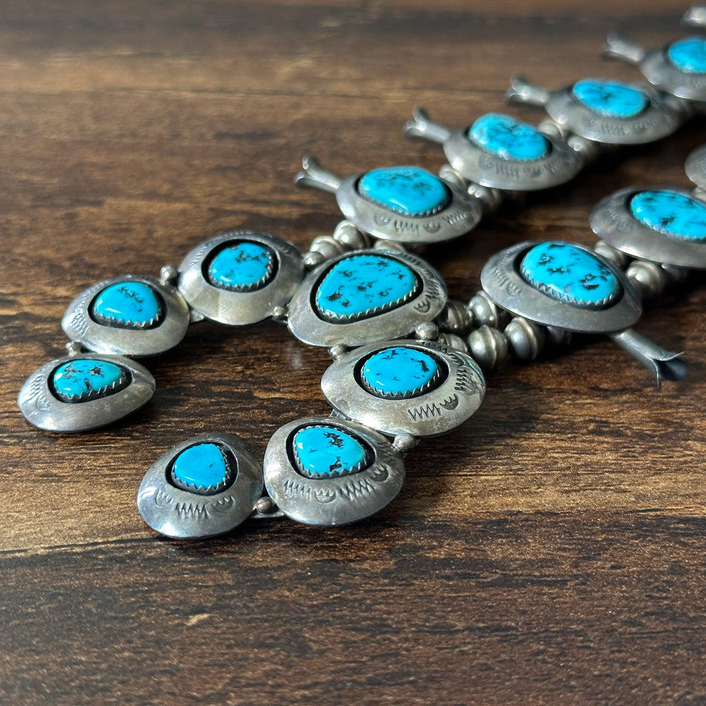 Navajo Teddy Goodluck Turquoise 19 Stone Sterling Shadowbox Hand Stamped Squash Blossom