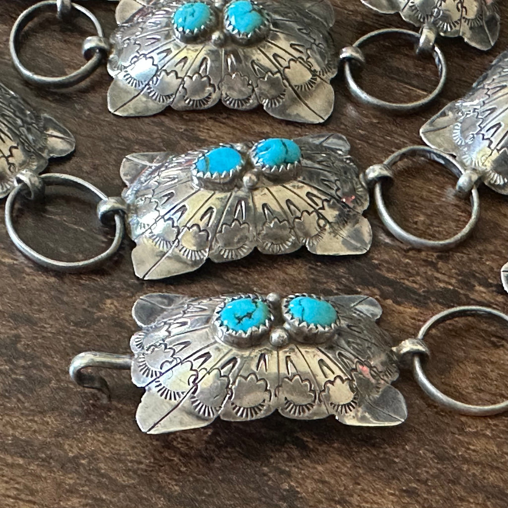 A.J. Signed Turquoise Double Stone 18 Sterling Concho Hand Stamped Belt