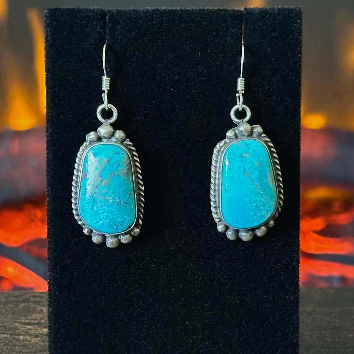 Navajo Elouise Kee Kingman Turquoise Sterling Twist Wire Raindrop Dangle Earrings