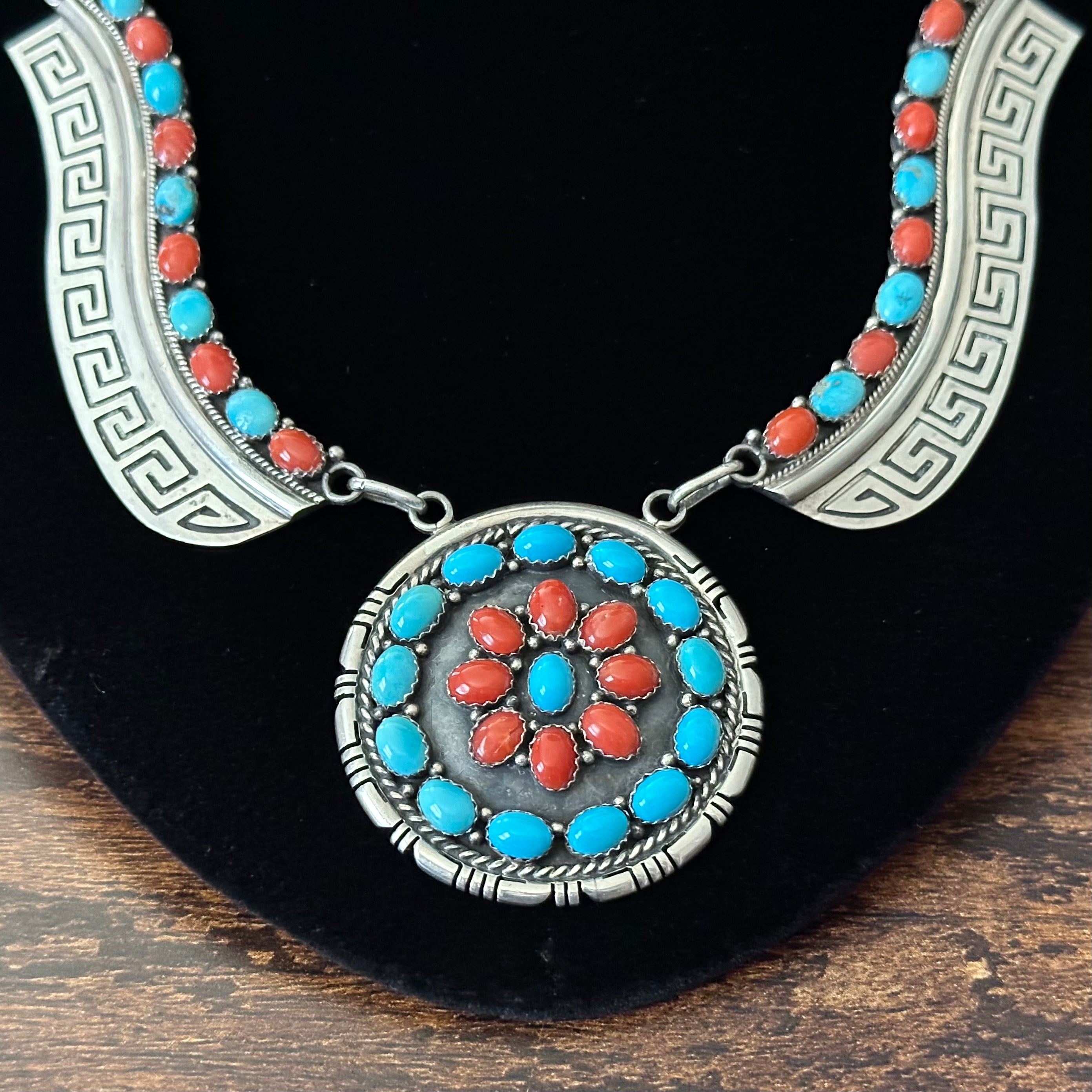 Navajo E. Etsitty Turquoise Red Coral 42 Stone Sterling Floral Cluster Statement Necklace
