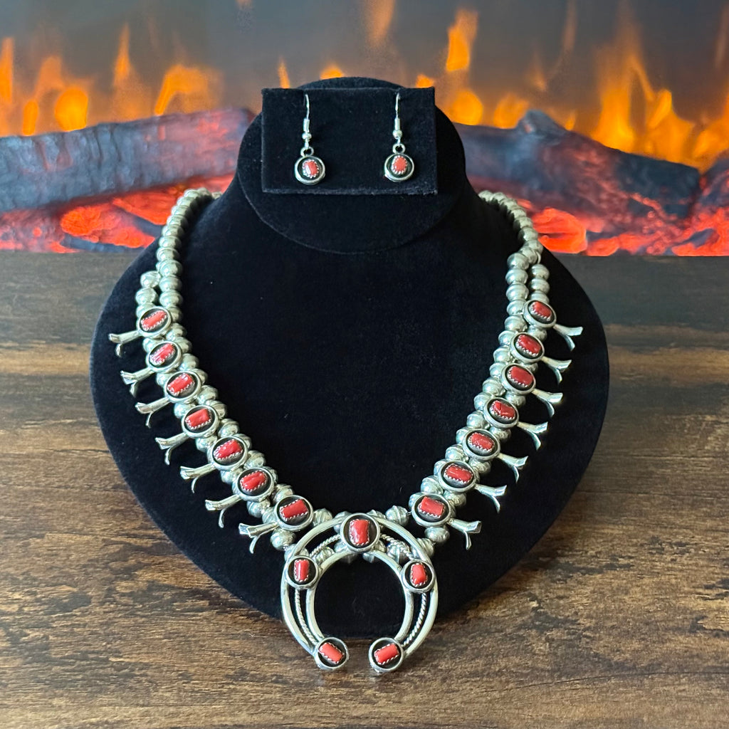 Navajo Phil & Lenora Garcia Red Coral 19 Stone Sterling Squash Blossom Necklace Earrings Set