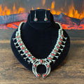 Navajo Phil & Lenora Garcia Red Coral 19 Stone Sterling Squash Blossom Necklace Earrings Set