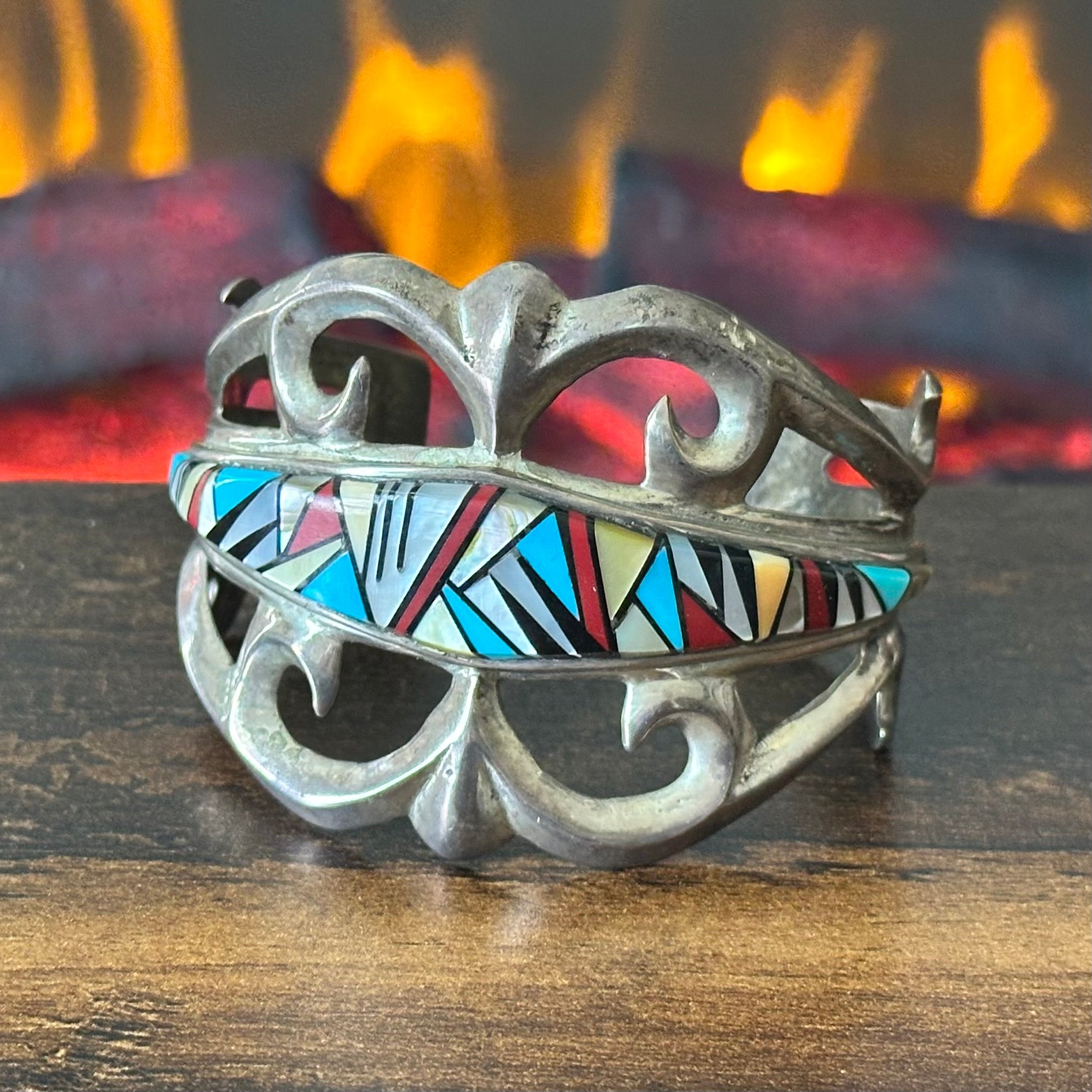 Vintage Abalone MOP Block Turquoise & Red Coral Sterling Sandcast Inlay Cuff