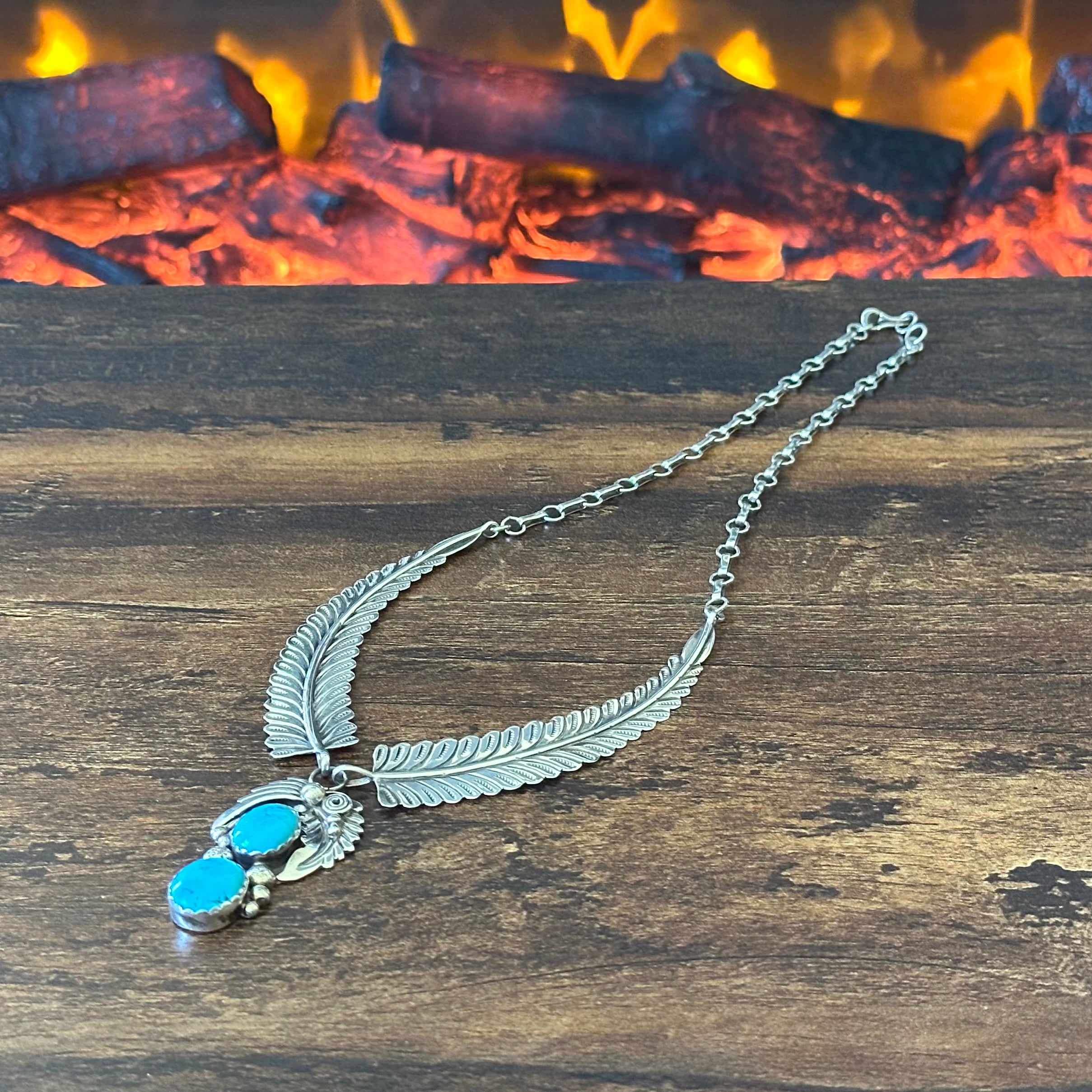 D Signed Turquoise Sterling Hand Stamped Twist Wire Feather Statement Necklace