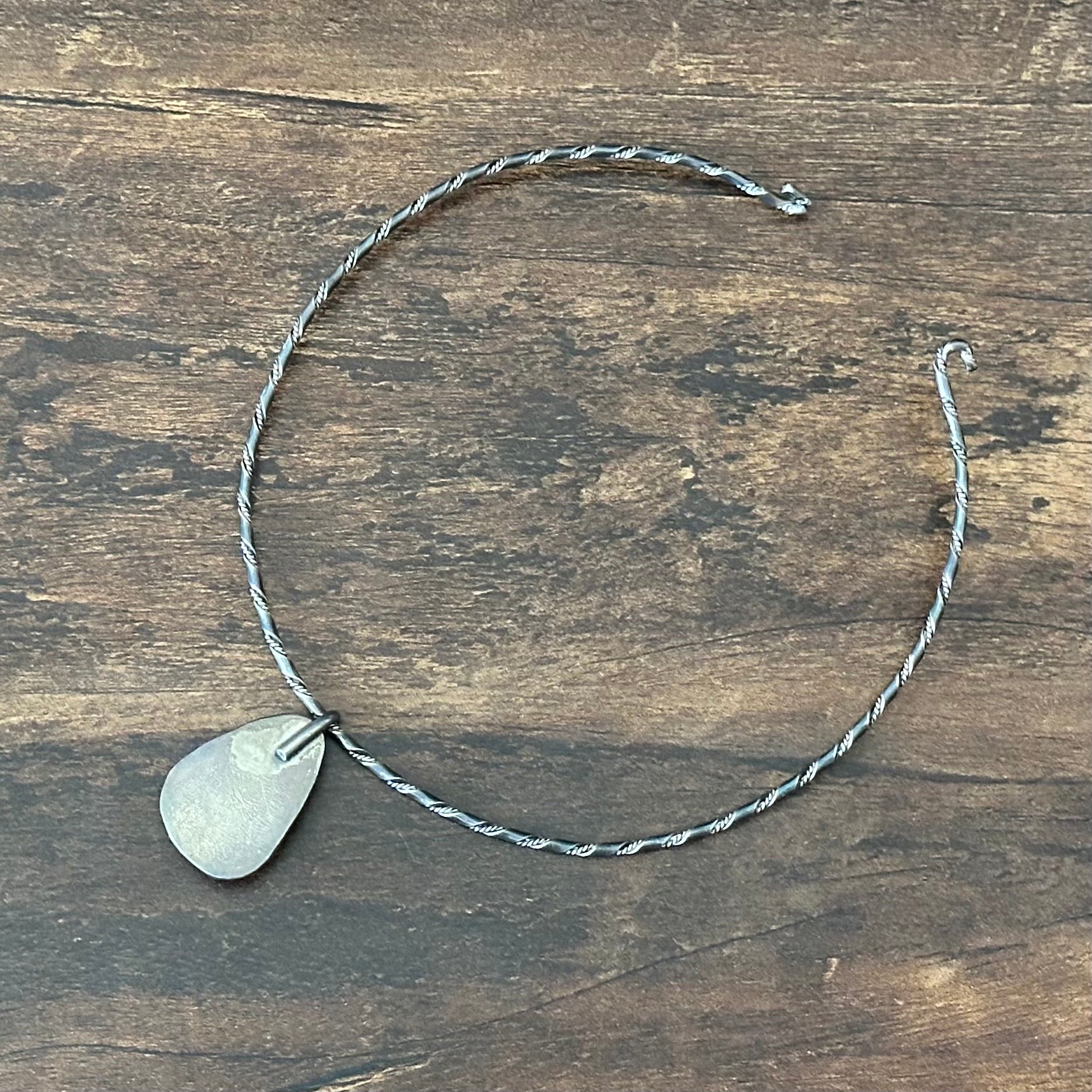 Turquoise Sterling Hand Stamped Twist Wire Pendant Choker