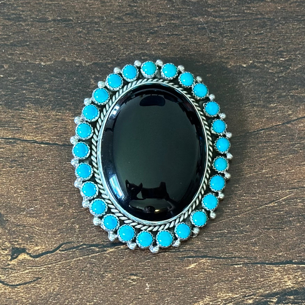 OD Signed Onyx Blue Turquoise 26 Stone Sterling Raindrop Cluster Pin/Pendant