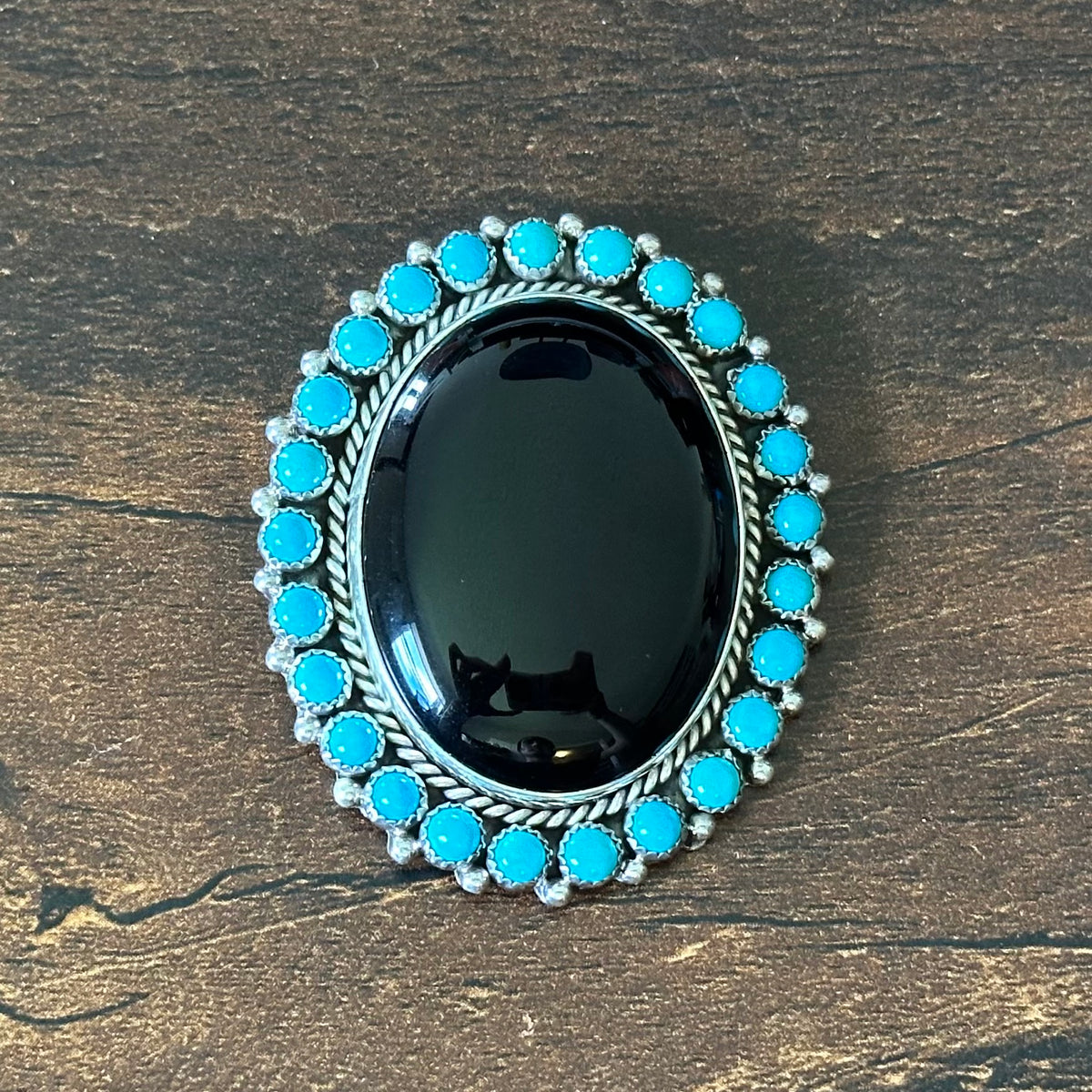 OD Signed Onyx Blue Turquoise 26 Stone Sterling Raindrop Cluster Pin/Pendant