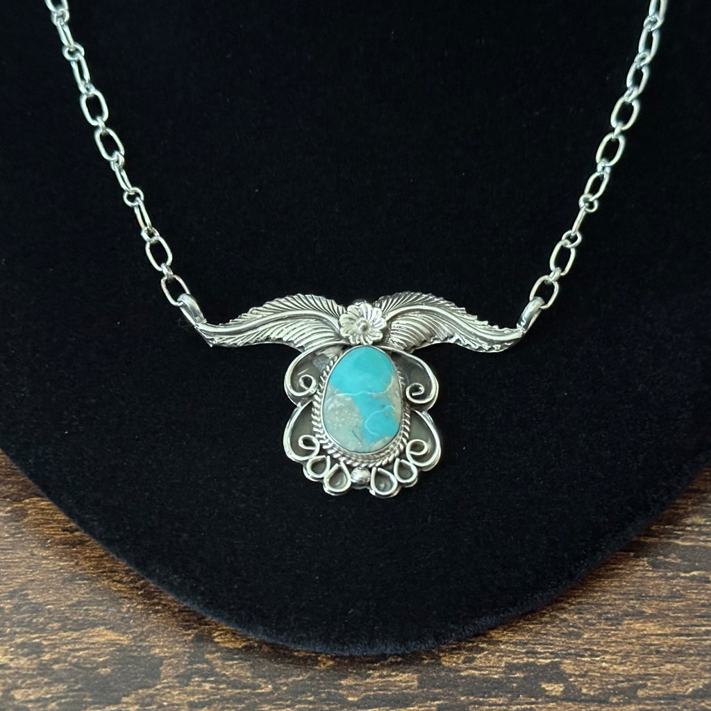 Navajo Gregg Yazzie Turquoise Sterling Twist Wire Feather Pendant Necklace