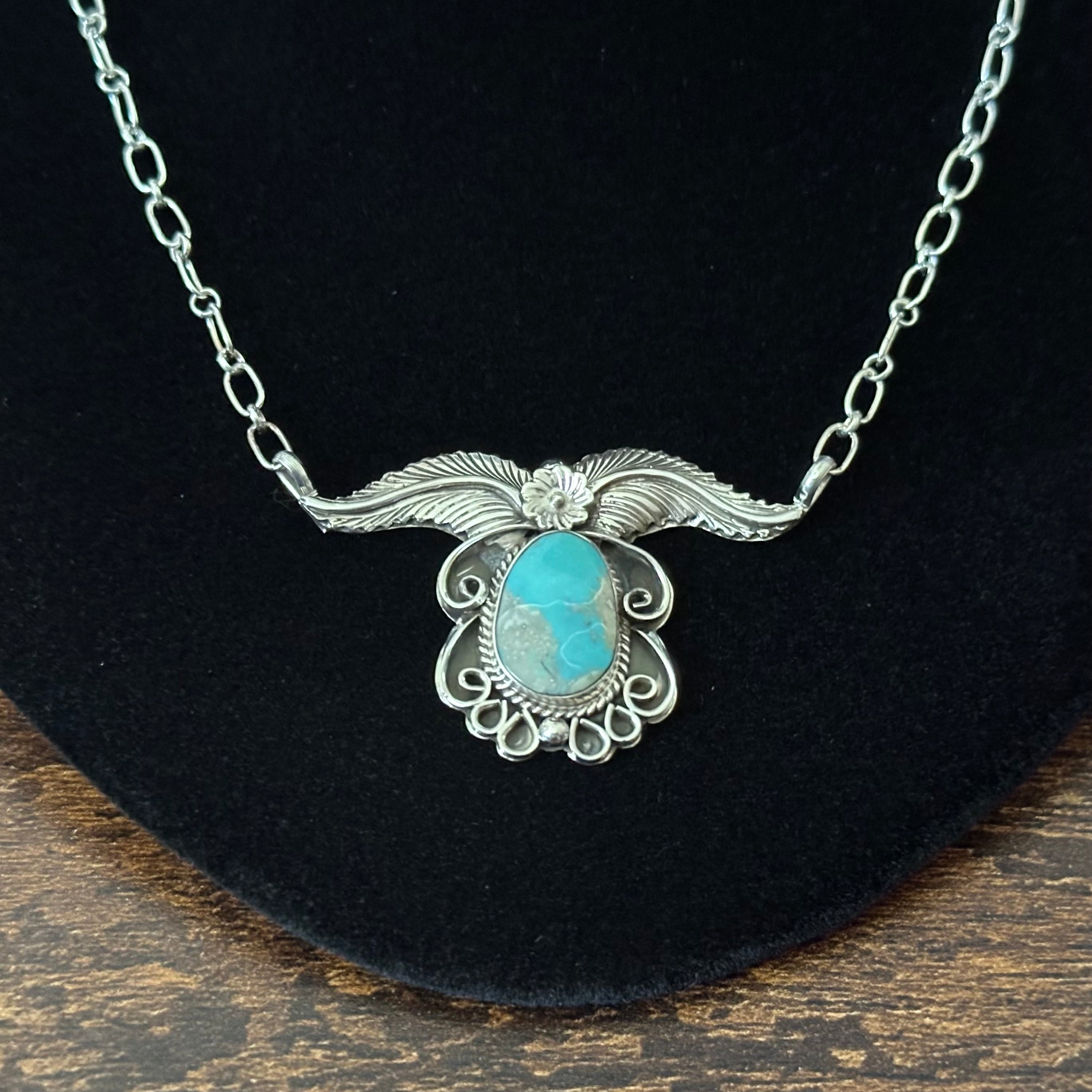 Navajo Gregg Yazzie Turquoise Sterling Twist Wire Feather Pendant Necklace