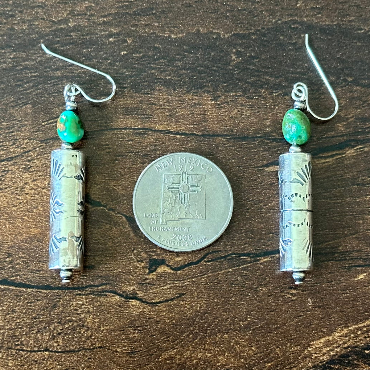 Zuni Kim Vuni Sonoran Gold Turquoise Sterling Handmade Cylinder Bead Stamped Dangle Earrings