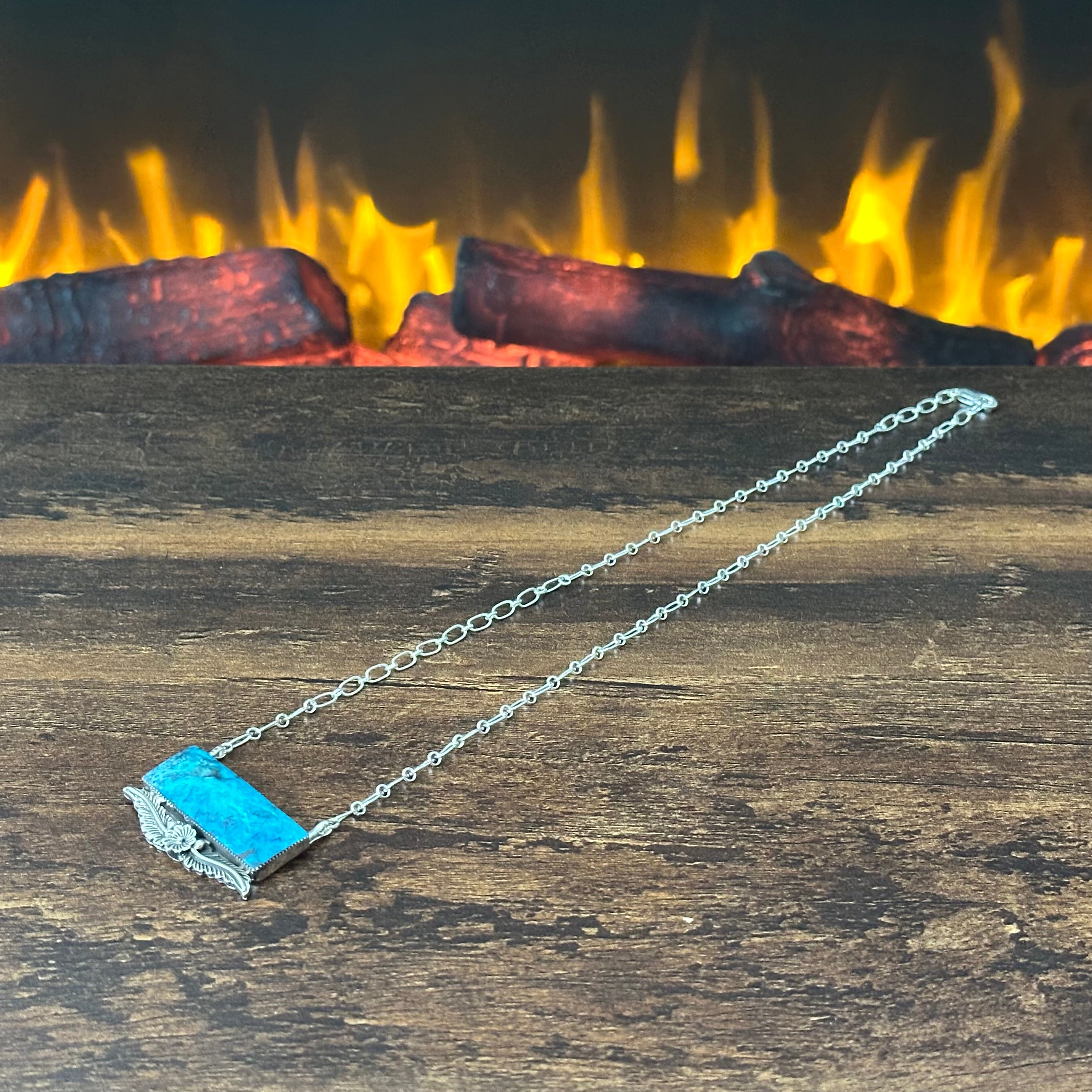 Navajo Gregg Yazzie Turquoise Sterling Floral Leaf Bar Pendant Necklace