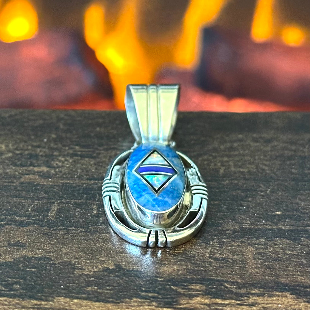 Navajo Gilbert Nelson Lapis Opal Jet Sterling Geometric Oval Inlay Pendant