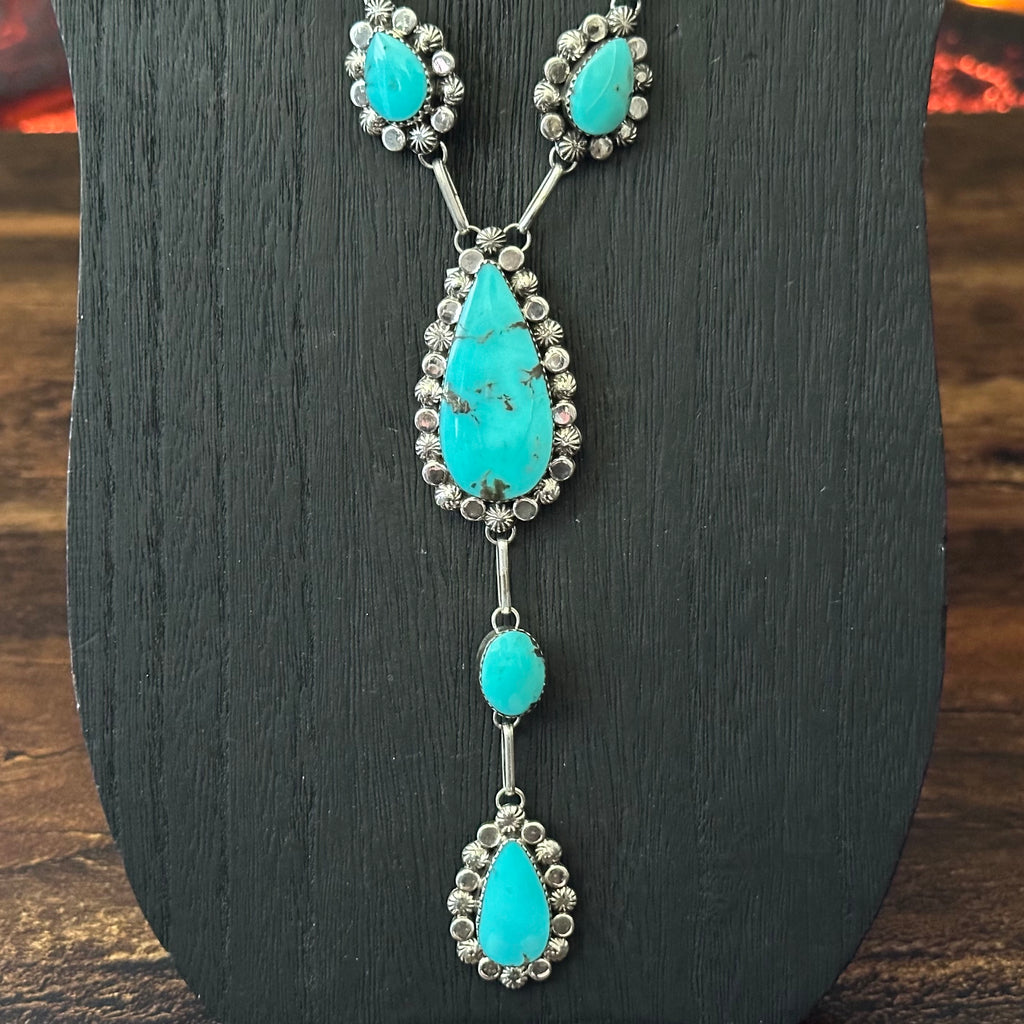 Navajo P.A. Smith Turquoise 13 Stone Sterling Lariat Statement Necklace