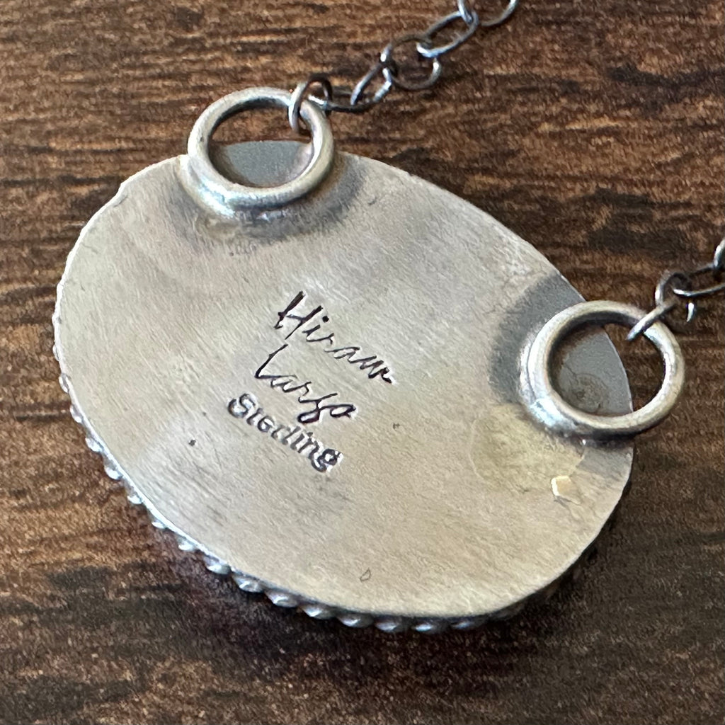 Navajo Hiram Largo White Buffalo Sterling Twist Wire Bezel Oval Pendant Necklace