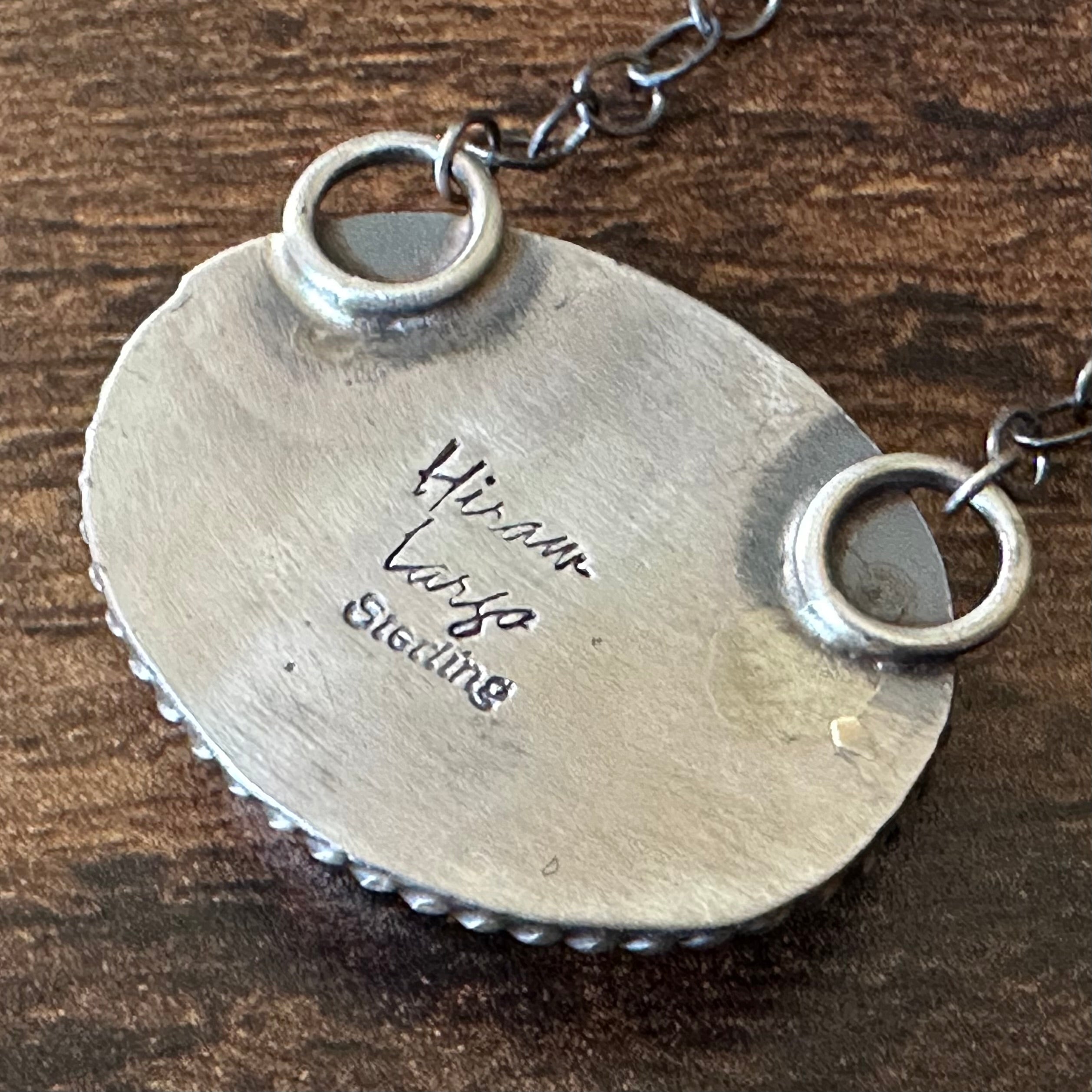 Navajo Hiram Largo White Buffalo Sterling Twist Wire Bezel Oval Pendant Necklace
