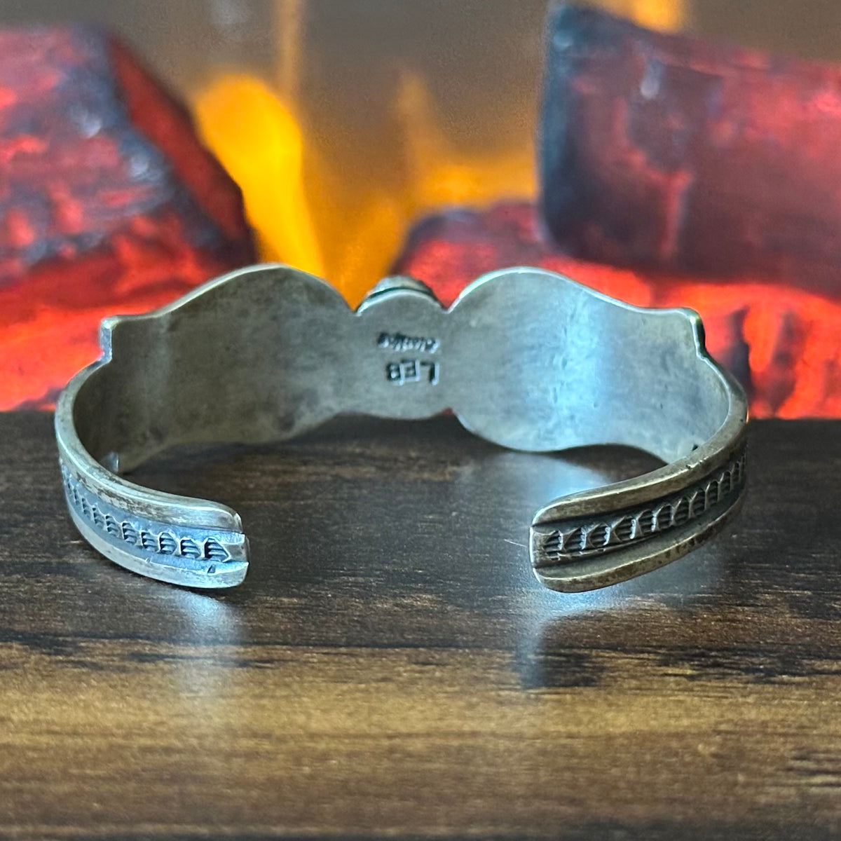 Navajo Linberg & Eva Billah Green Turquoise Sterling Hand Stamped Cast Cuff