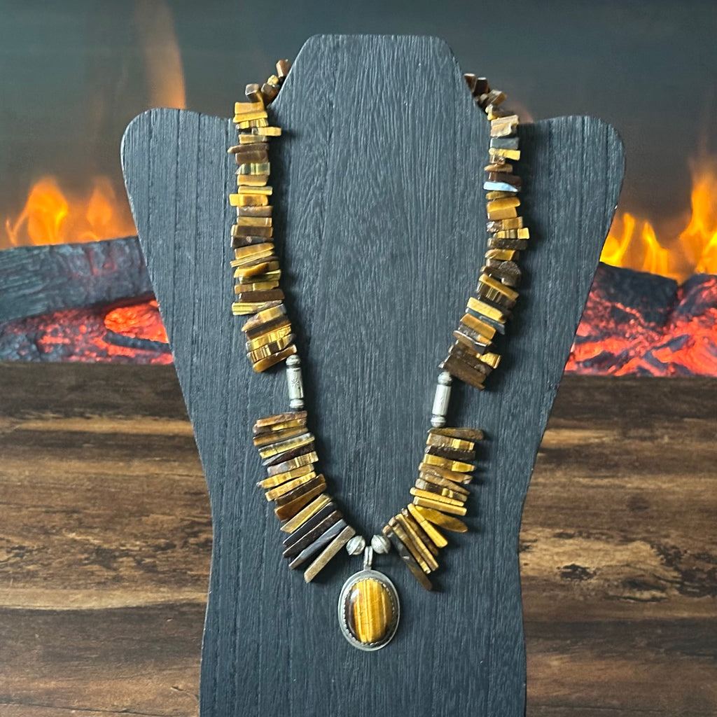 Kewa Ava & Marie Coriz Tigers Eye 107 Graduated Stone Sterling Cylinder Bead Hand Stamped Pendant Statement Necklace
