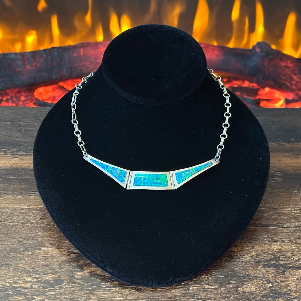 Navajo John Nelson Green Opal Sterling Hinged Inlay Necklace