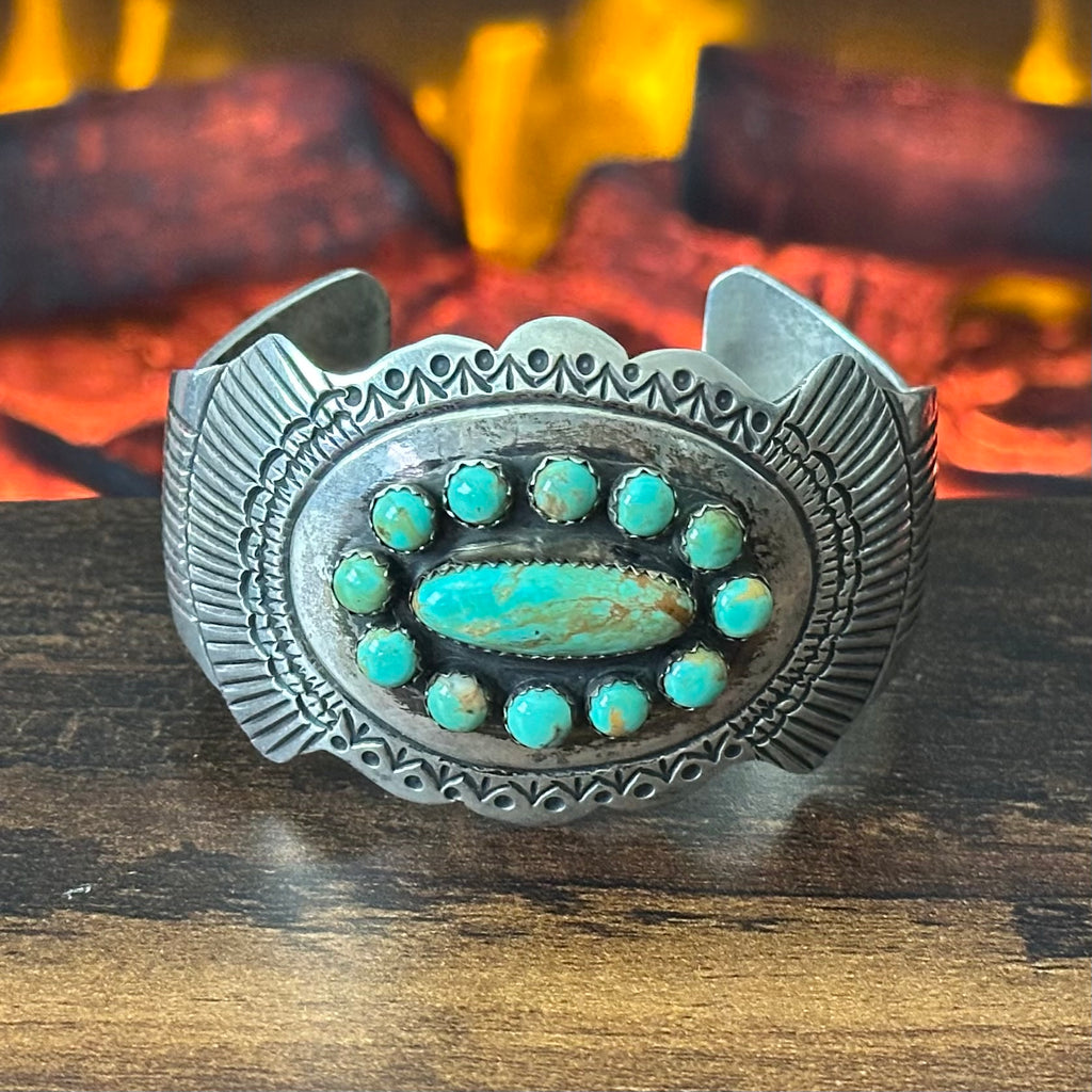 JS Signed Green Turquoise 13 Stone Sterling Hand Stamped Statement Cuff