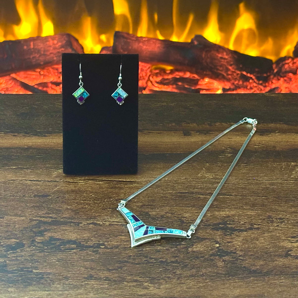H Signed Supersmith Inc. Turquoise Sugilite Opal Sterling Inlay Chevron Necklace Earrings Set