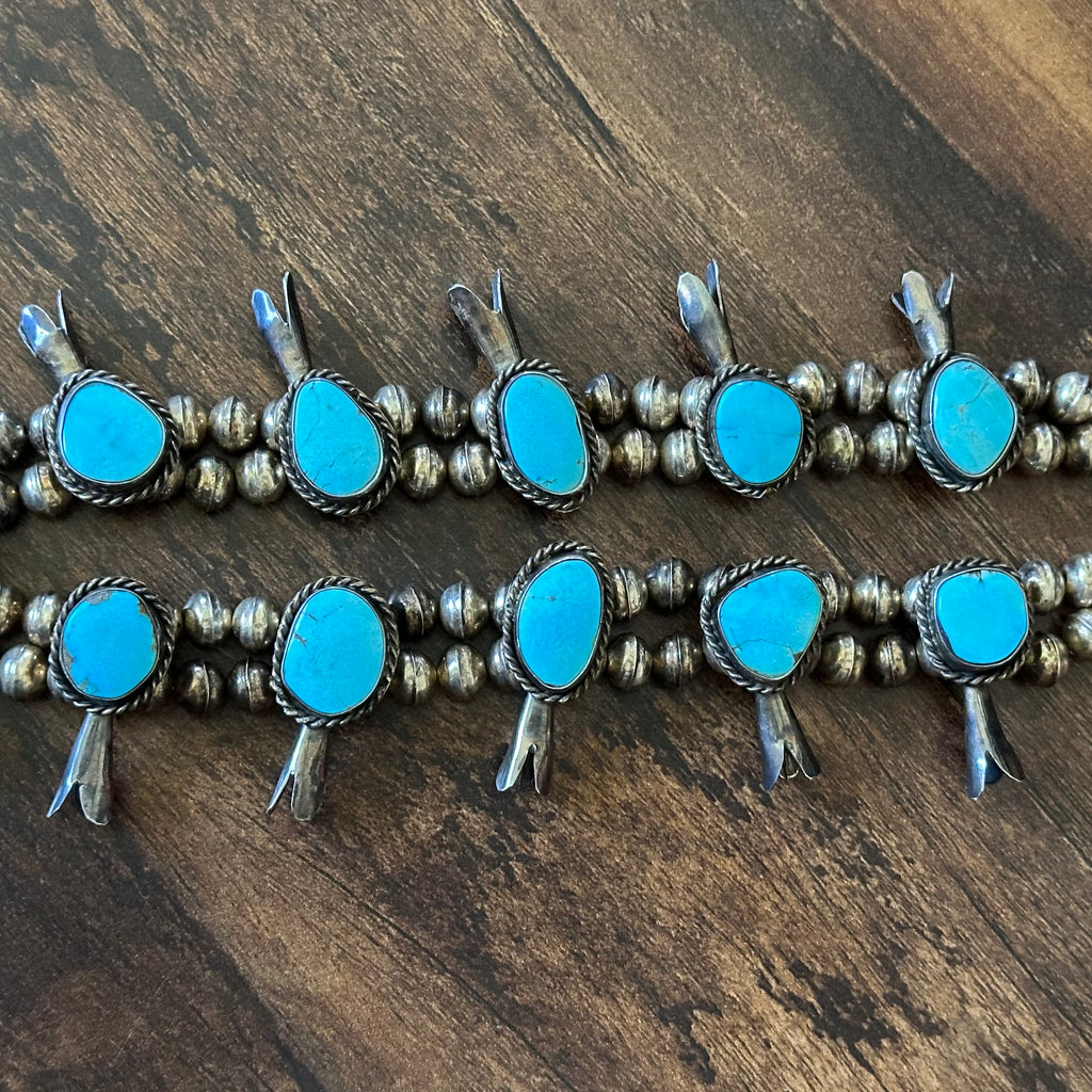 1970-80s Turquoise 17 Stone Sterling Twist Wire Bezel Squash Blossom