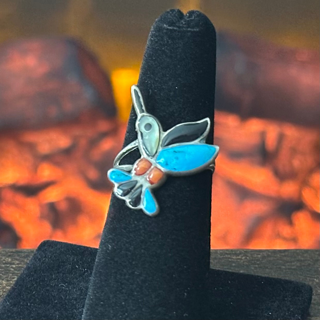 Turquoise Red Coral Abalone Jet Sterling Hummingbird Inlay Ring